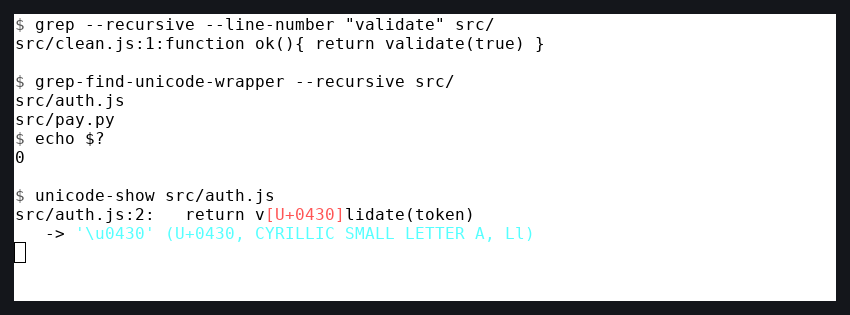 A terminal where plain grep for validate matches only src/clean.js and silently skips the backdoored files, while grep-find-unicode-wrapper --recursive src/ names src/auth.js and src/pay.py with exit 0, and unicode-show src/auth.js identifies the hidden character as U+0430 Cyrillic small letter a.