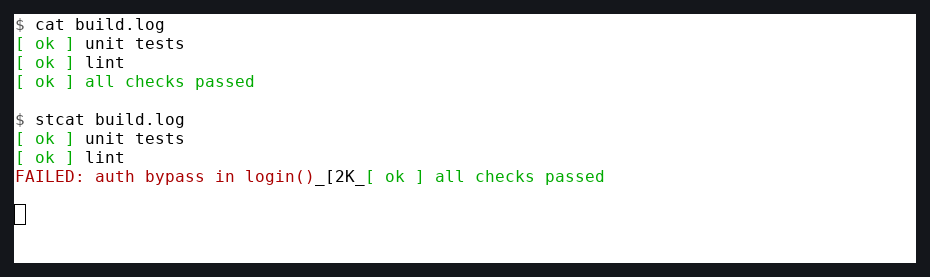 A terminal comparing cat and stcat on build.log. cat shows three green [ ok ] lines including all checks passed, hiding the failure. stcat reveals the red FAILED: auth bypass in login() line, with the erase and carriage return neutralized to _[2K_ and the green [ ok ] all checks passed kept.